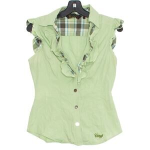 Coogi Womens Top Sleeveless Button Up Embroidered Ruffle Y2K Green Medium DY